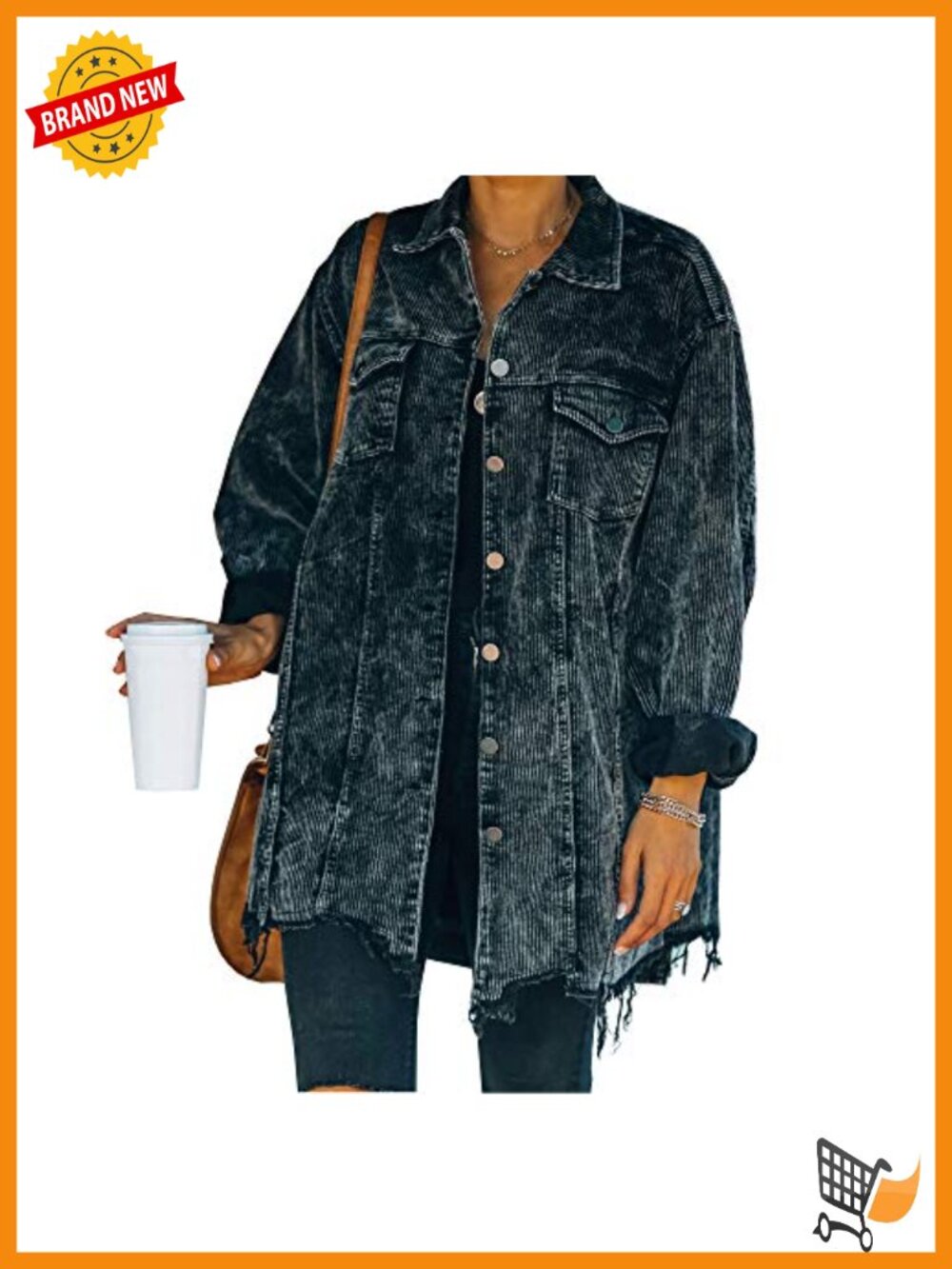 Oversized Corduroy Jacket Trendy Retro Button Up Coat Frayed Hem